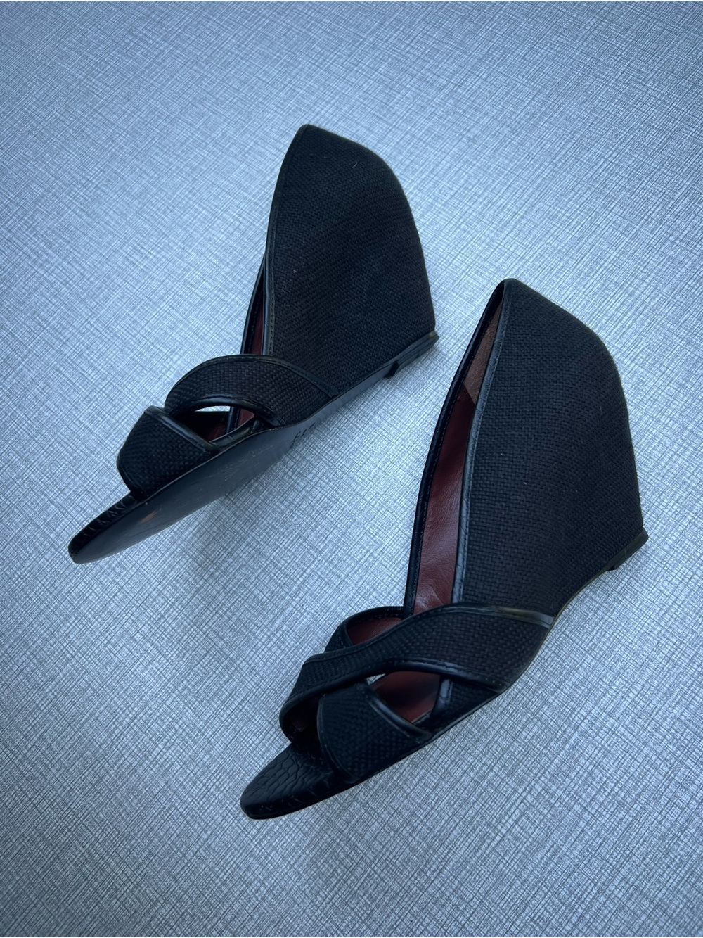 Elizabeth and James Black Peep-Toe Wedge Sandals
